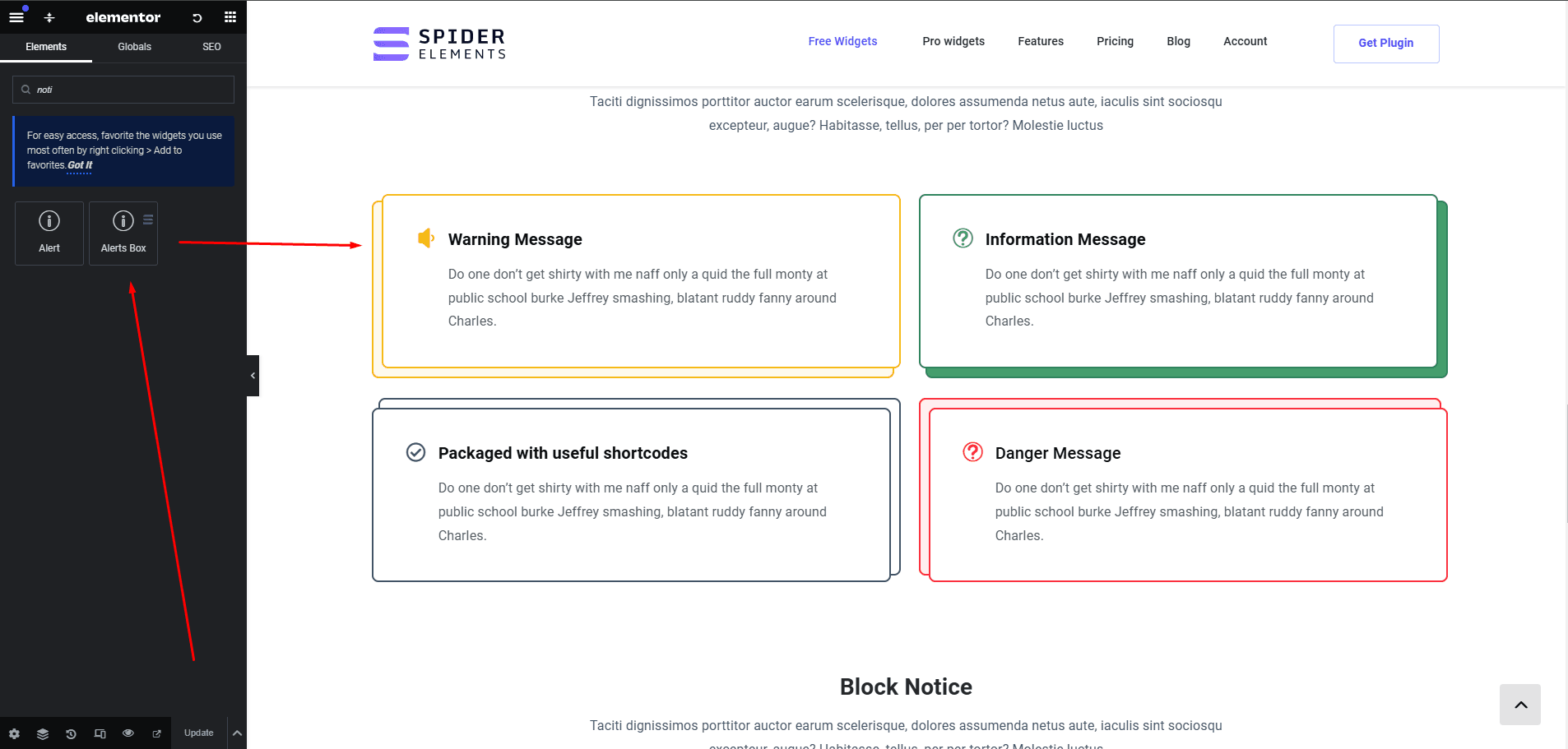 notice / massage widget in Elementor